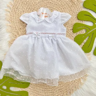 Vestido com Trancinhas Coloridas e Tule Poá - Branco