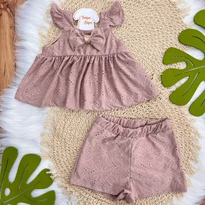 Conj. Bata com Laço e Short em Laise - Nude