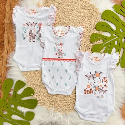 Kit 3 Peças - Bodys Manga Curta Girafinha - Branco