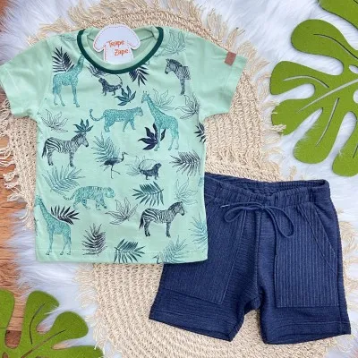 Conj. Camiseta Safari e Bermuda em Moletinho - Verde e Marinho
