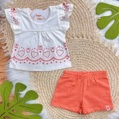 Conj. Batinha Laços com Corações e Short - Laranja