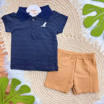 Conj. Camiseta Gola Polo Rex Listrado e Bermuda - Marinho e Caramelo