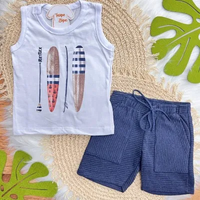 Conj. Regata Pranchas de Surf e Bermuda em Moletinho - Branco e Marinho