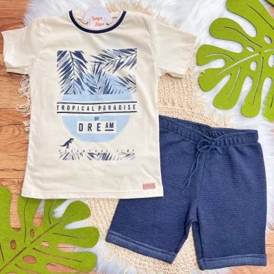 Conj. Camiseta Tropical Paradise e Bermuda em Moletinho - Creme e Marinho
