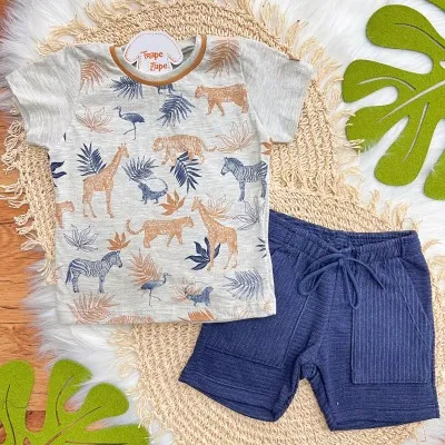 Conj. Camiseta Safari e Bermuda em Moletinho - Mescla e Marinho