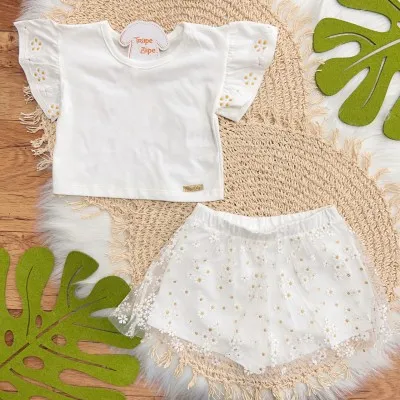 Conj. Blusa Flores e Saia em Tule Margaridas - Off White