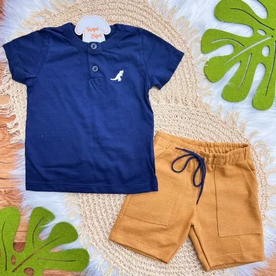 Conj. Camiseta Gola Careca Rex e Bermuda em Moletinho - Marinho e Mostarda