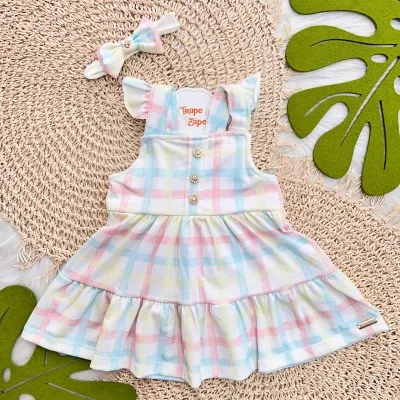 Vestido Xadrez e Faixinha de Cabelo com Laço - Colorido 