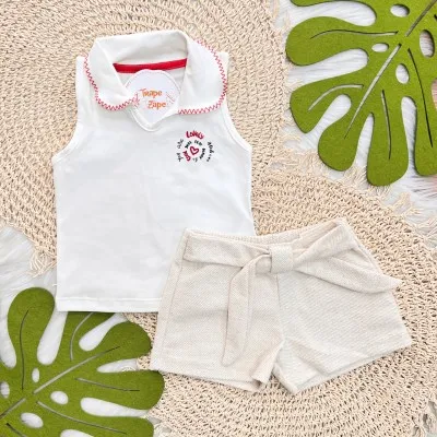 Conj. Regata Lovely com Gola e Short em Linho - Off White