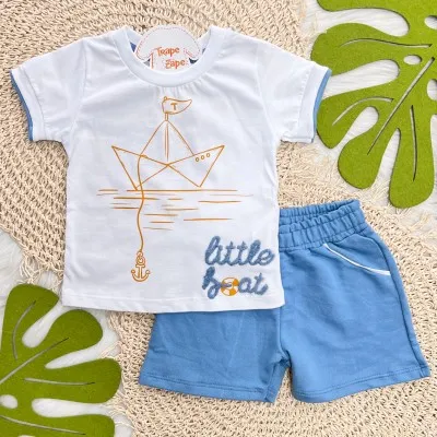 Conj. Camiseta Little Boat e Bermuda - Azul Jeans e Branco