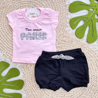 Conj. Blusa Mon Amour Paris e Short - Rosa e Preto