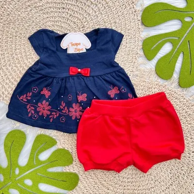 Conj. Batinha com Flores Vermelhas e Short - Azul Marinho