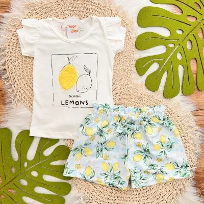 Conj. Blusa Sicilian Lemon e Short - Off White e Azul