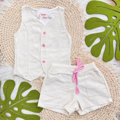 Conj. Colete e Short em Linho - Areia e Rosa