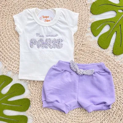 Conj. Blusa Mon Amour Paris e Short - Off White e Lilás