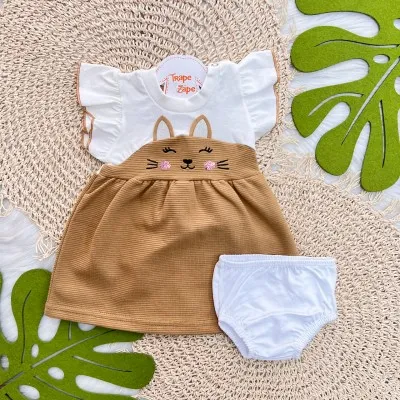 Vestido Ursinha com Paetê e Tapa Fralda - Off White e Marrom