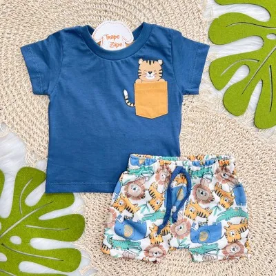 Conj. Camiseta Baby Tigre e Bermuda Safari - Azul Jeans e Laranja