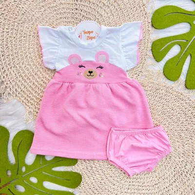 Vestido Ursinha com Paetê e Tapa Fralda - Branco e Rosa 