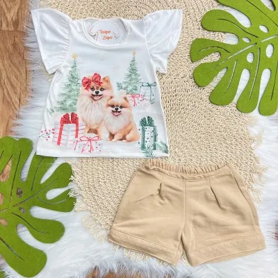 Natal 25 - Conj. Blusa Cahorrinhas Natalinas e Short em Moletinho - Off White e Areia