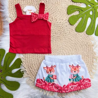 Natal 25 - Conj. Regata com Lacinho Xadrez e Short Saia Renas - Vermelho e Branco