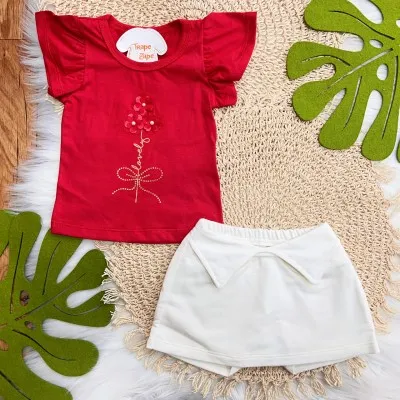 Natal 25 - Conj. Blusa Lovely Roses e Short em Moletinho - Vermelho e Off White