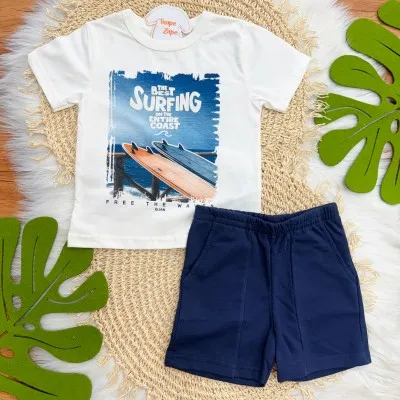 Conj. Camiseta Surfing e Bermuda - Off White e Marinho