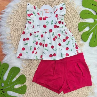 Conj. Batinha Cherries e Short - Off White e Vermelha