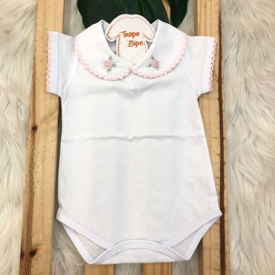 Body gola Bordada manga curta- Duas flores Rosa