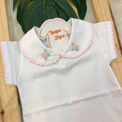 Body gola Bordada manga curta- Duas flores Rosa