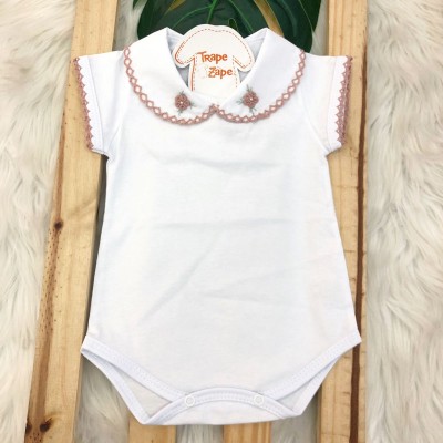 Body gola Bordada manga curta- Duas flores Rosê