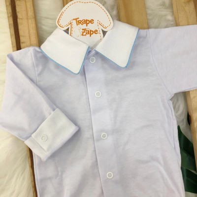 body branco com gola lisa viés azul bebe