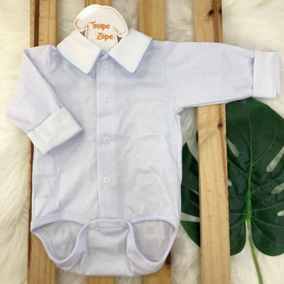body branco com gola lisa viés azul bebe
