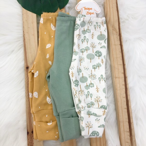 Kit 3 calças-  nozes mostarda, verde liso e floresta verde