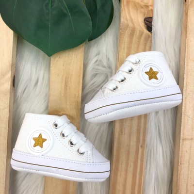 Tenis cano alto com cadarço- Branco com DOURADO