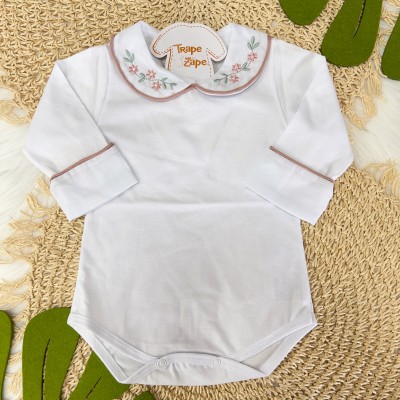 Body Branco com Gola Bordada Flores Rose e Planta Verde