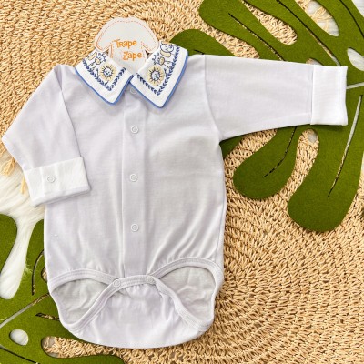 Body Branco com Gola Bordado - Safari Azul Jeans e Bege