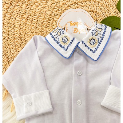 Body Branco com Gola Bordado - Safari Azul Jeans e Bege