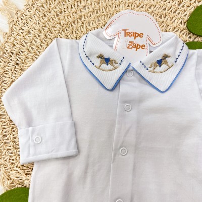  Body Branco com Gola Bordada Cavalo de Brinquedo - Azul Jeans 