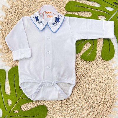 Body Branco com Gola Bordada Aviãozinho - Azul Jeans 