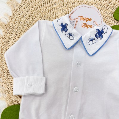 Body Branco com Gola Bordada Aviãozinho - Azul Jeans 