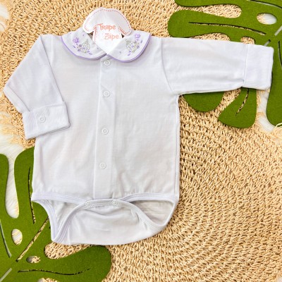 Body Branco com Gola Bordada Gaiola e Flores- Lilás