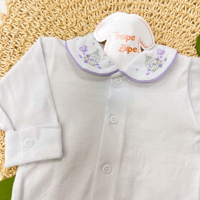 Body Branco com Gola Bordada Gaiola e Flores- Lilás
