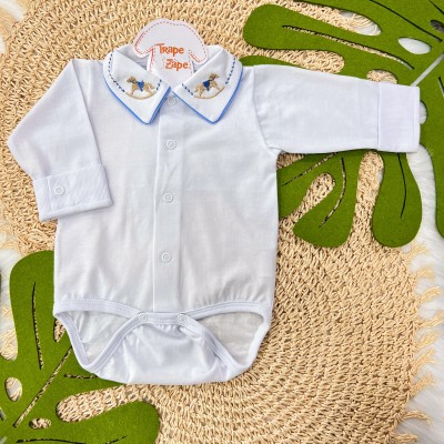  Body Branco com Gola Bordada Cavalo de Brinquedo - Azul Jeans 