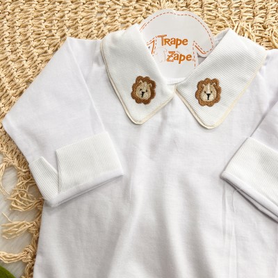  Body Branco com Gola Bordada Leãozinho - Marrom e Bege