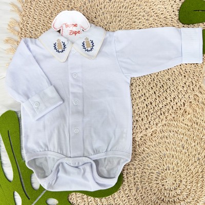 body gola bordada- ursinho e vies bege, ramo marinho