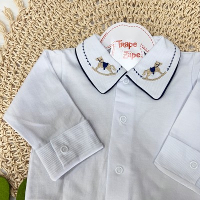 Body Branco com Gola Bordada Cavalo de Brinquedo - Marinho