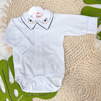 Body Branco com Gola Bordada Cavalo de Brinquedo - Marinho