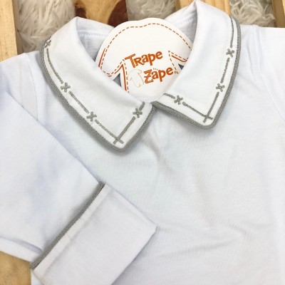 Body gola bordada com viés de linha- X cinza