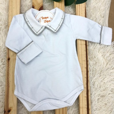 Body gola bordada com viés de linha- X cinza