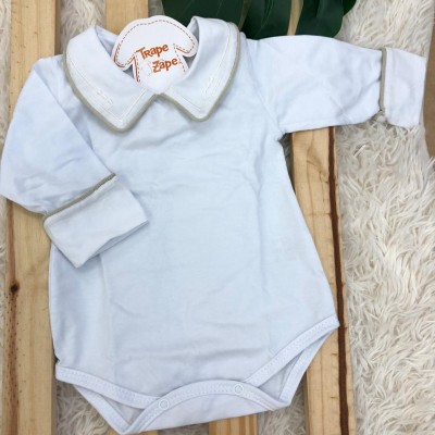 Body gola bordada com viés de linha- 3 pingos Bege